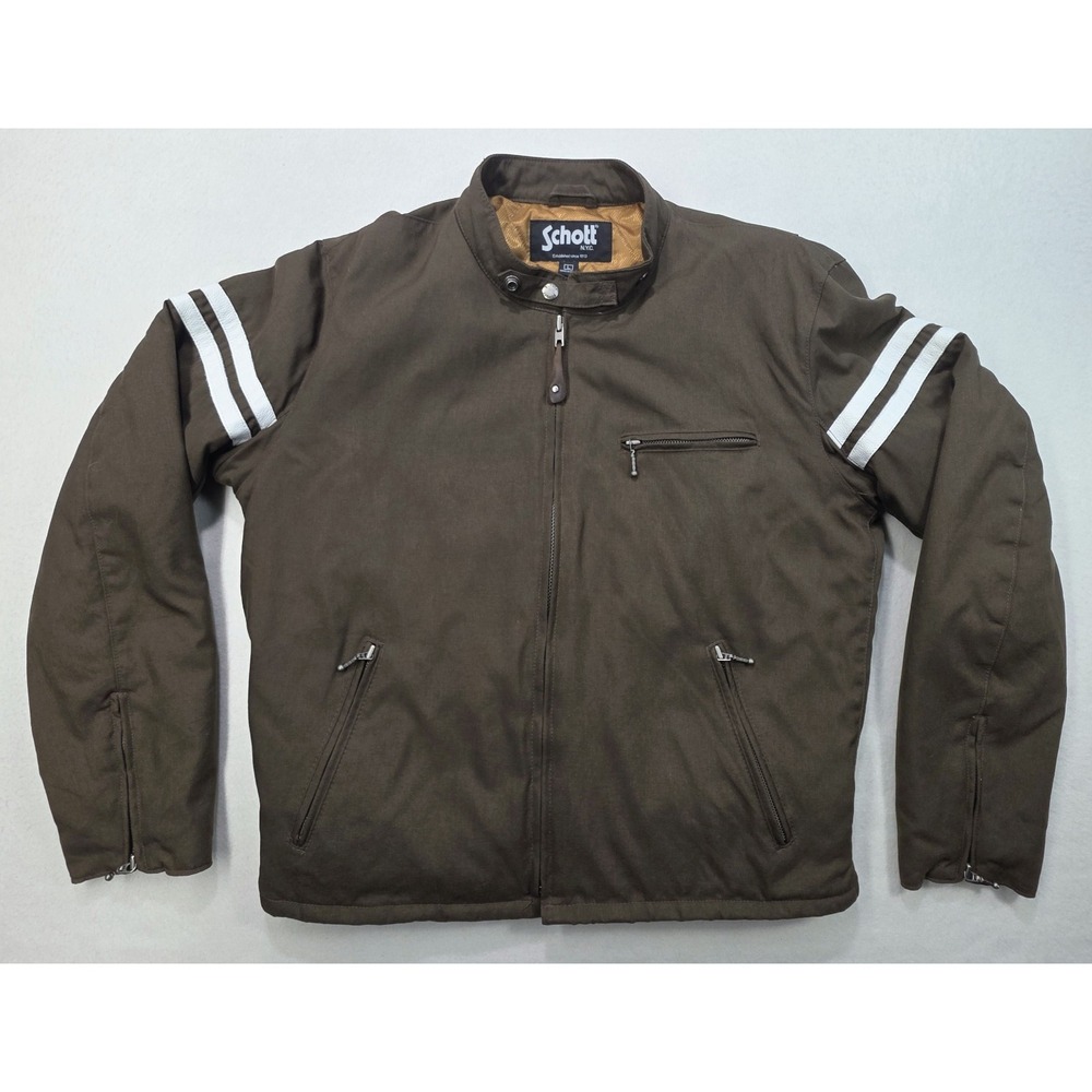 Schott Motorcycle Jacket Mens Nylon Leather Stripes Quilt Lined Thinsulate Brown